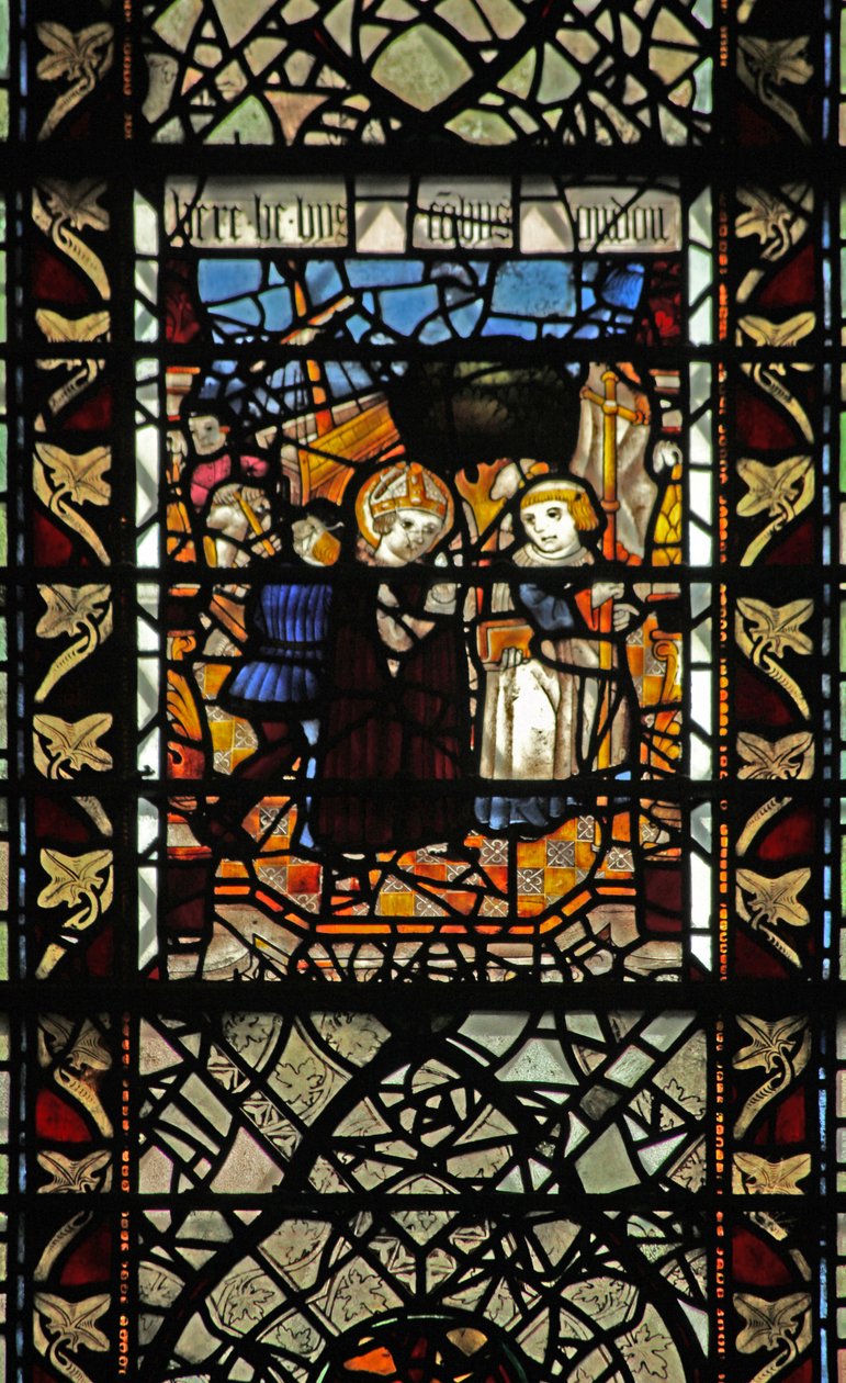 Vindue w58, der viser en scene fra historien om St. Thomas Becket - en indskibningsscene af English School