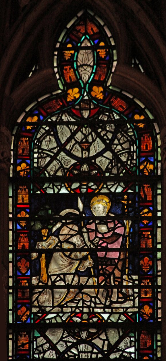 Vindue w58, der forestiller den tvivlende St. Thomas; grisaille og border af English School