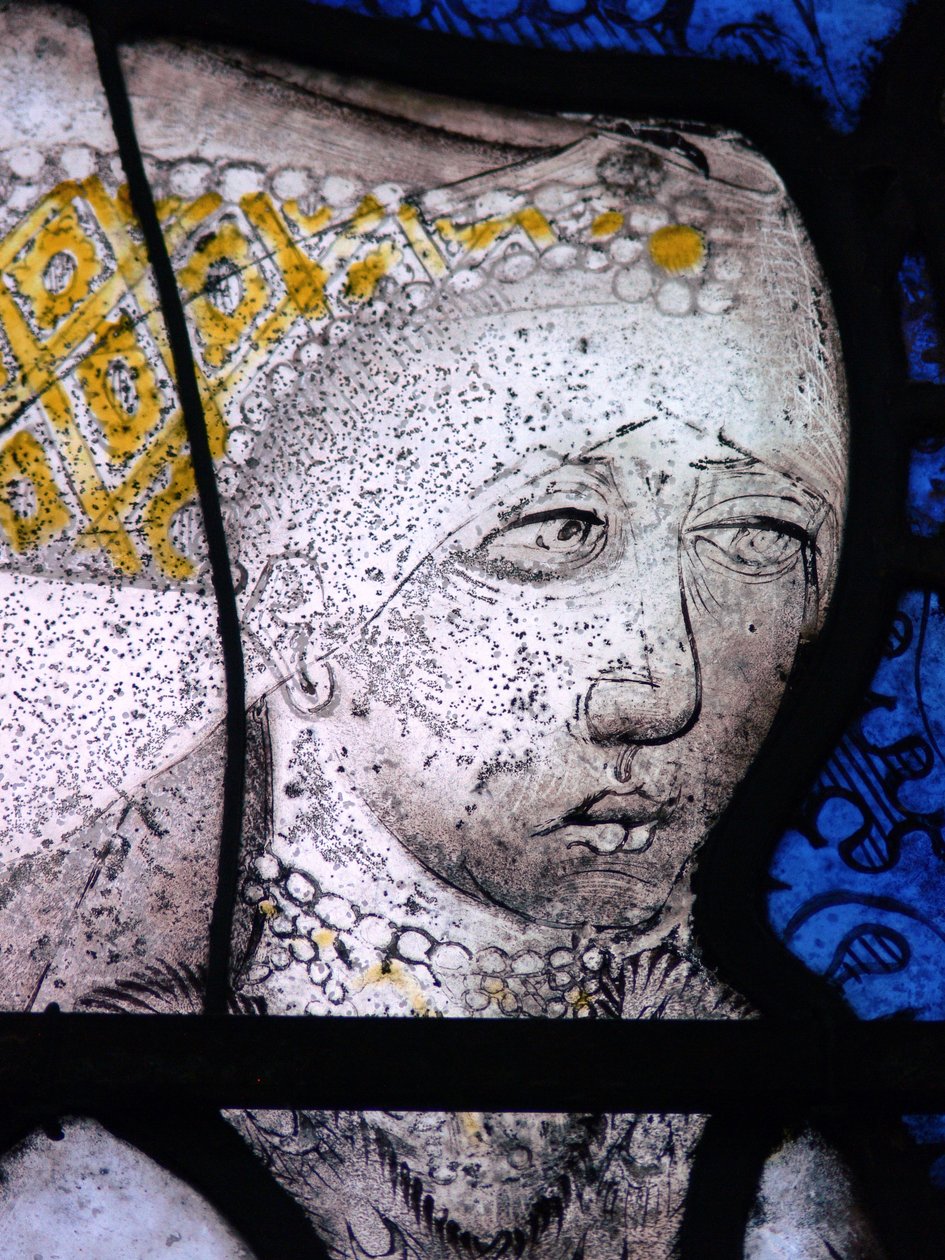 Vindue w5 viser Margaret Fray, hustru til Sir John Leynham - detaljer af English School