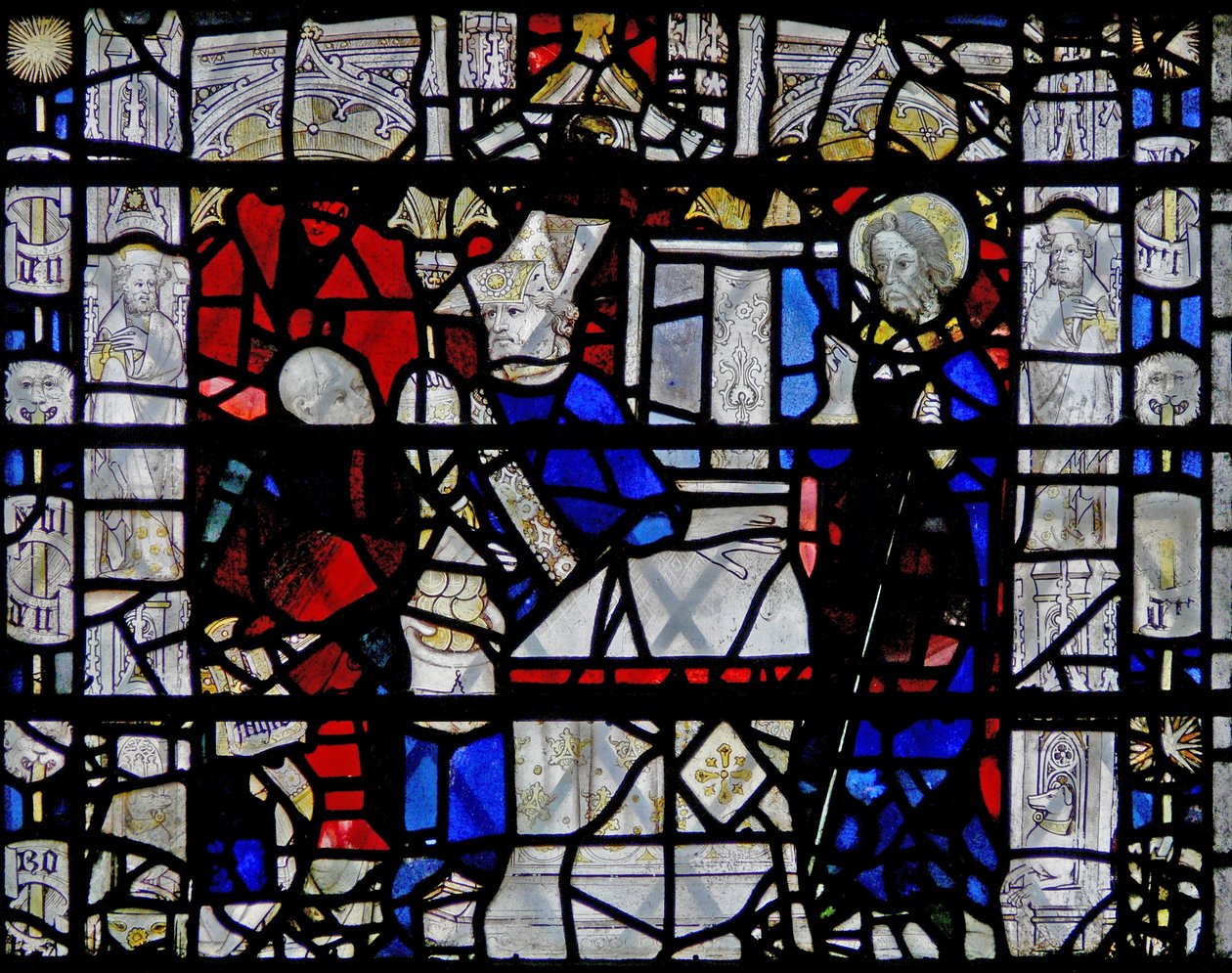 Vindue w6 viser en scene fra Sankt Nikolas liv; kant med figurer af English School
