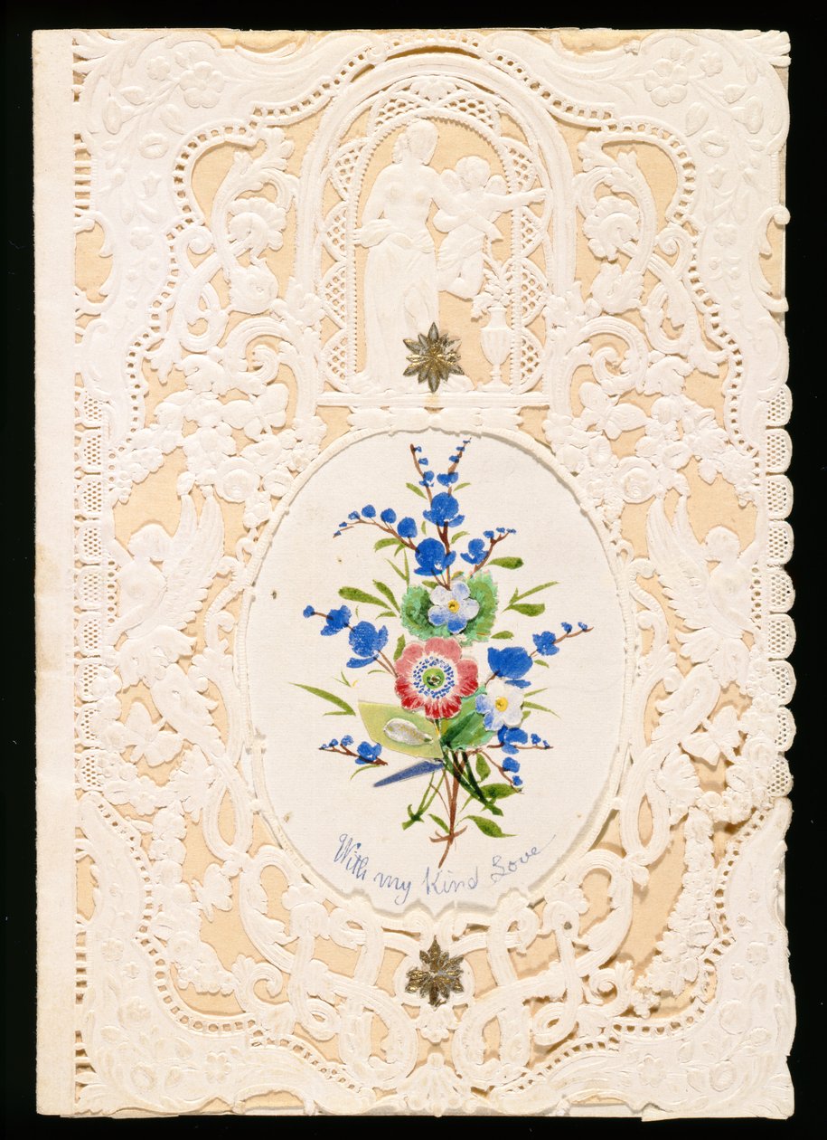 With My Kind Love, Valentine-kort, ca. 1858 (farve litho på papir) af English School