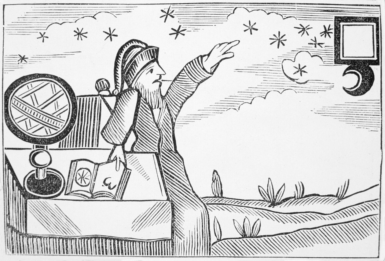 Wizard Consulting the Moon and the Stars, illustration fra en samling kapbøger om esoterica af English School