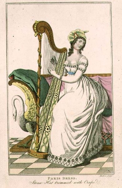 Kvinde i en Paris-kjole og en stråhat trimmet med crepe, der spiller på harpen, illustration fra 