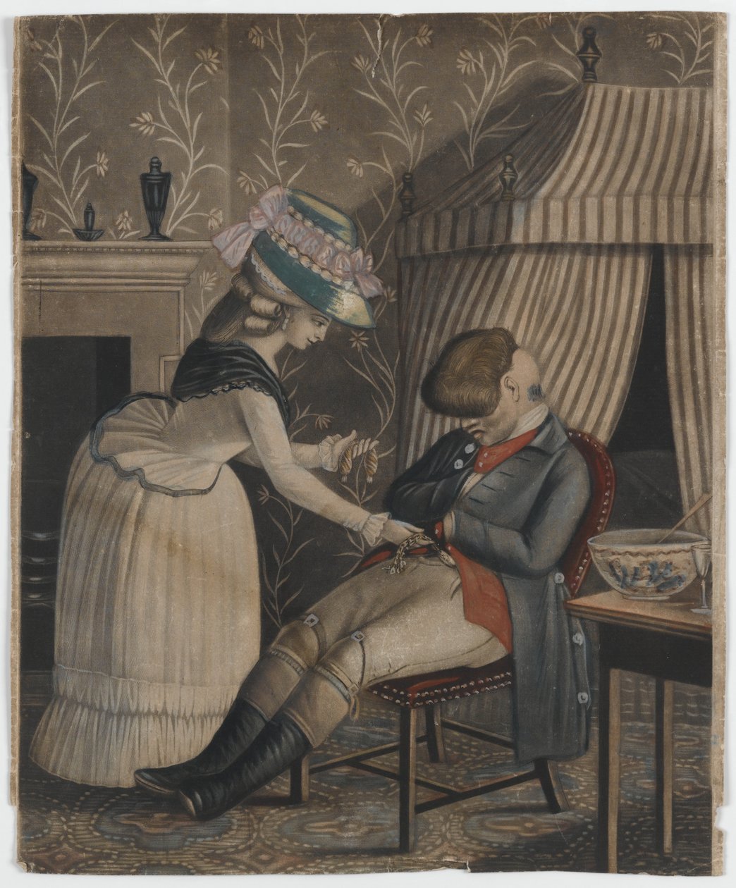 Kvinde stjæler en strømpepung og lommeur fra en sovende mand, ca. 1790 (håndfarvet mezzotint) af English School