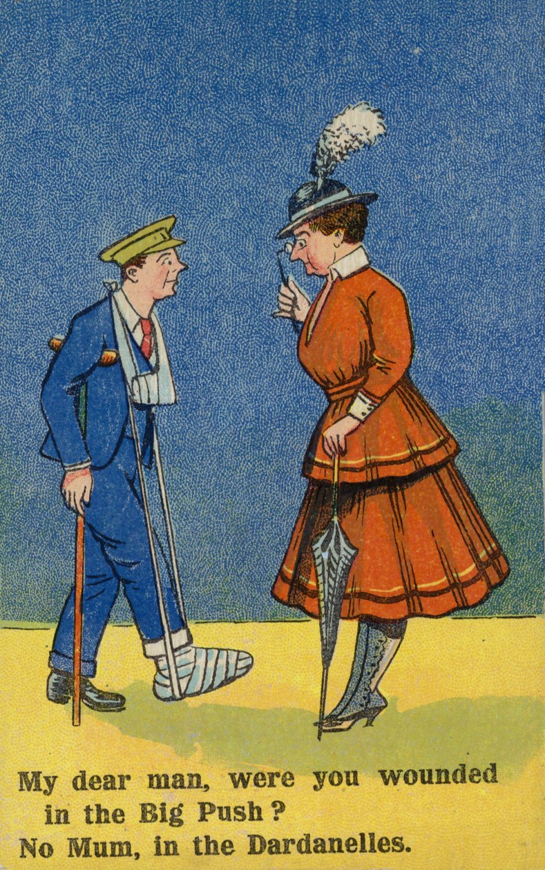 Kvinde tager sig af en såret soldat (farvelitografi) af English School