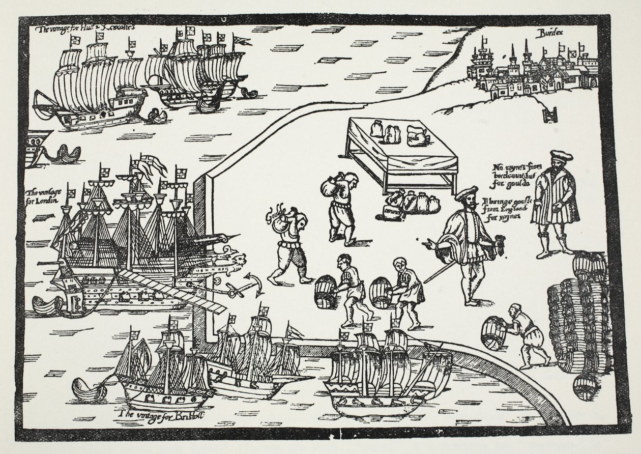 Træsnit, der illustrerer vinhandelen mellem Bordeaux og England af English School