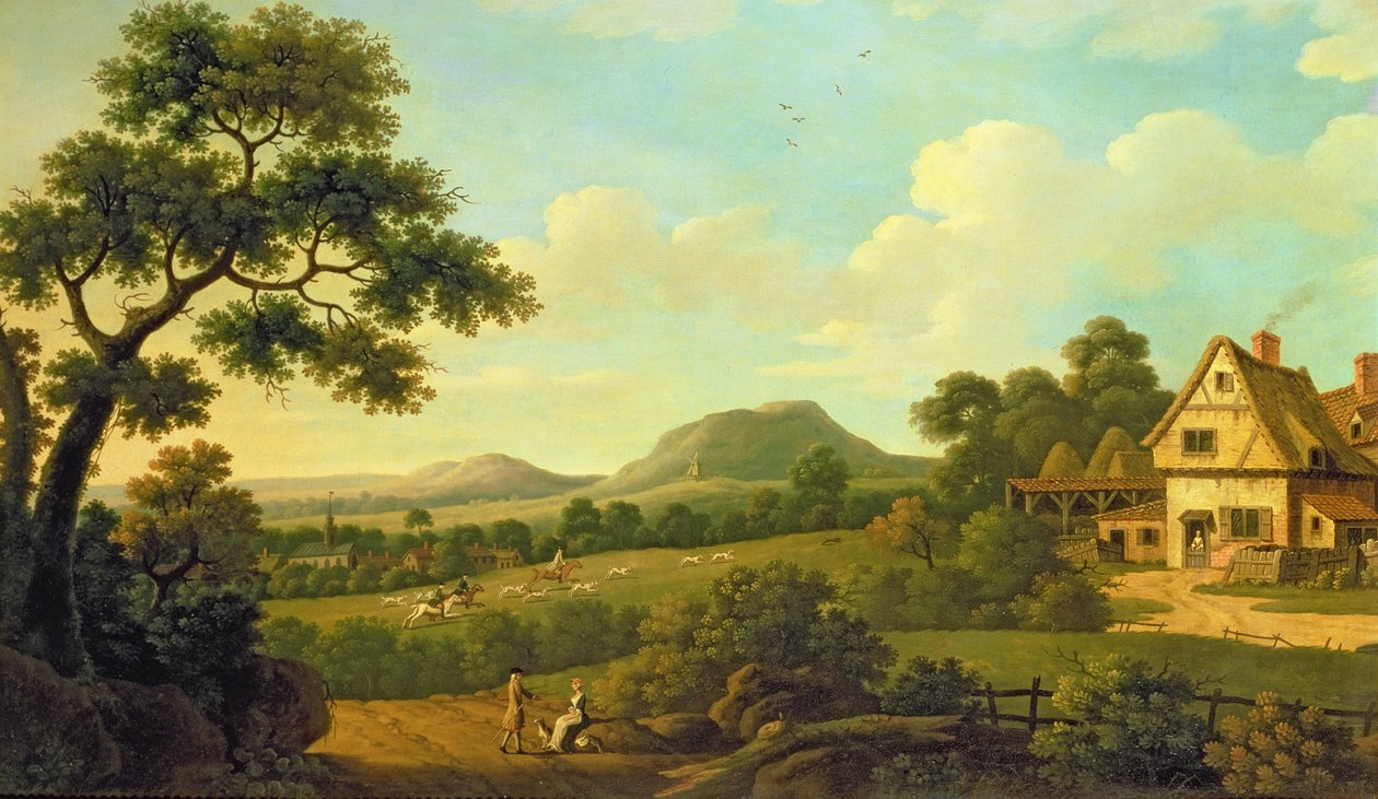 Skovklædt landskab med figurer ved en vejkant, ca. 1770 af English School