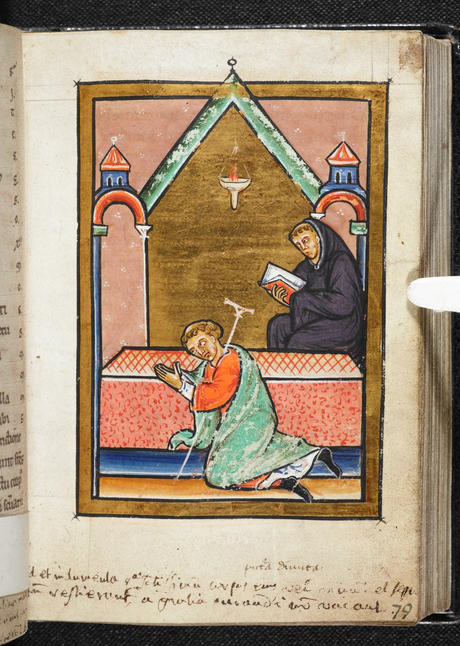 Yates Thompson Ms 26, f.79 r Krøbling beder ved St Cuthberts grav, illustration fra 