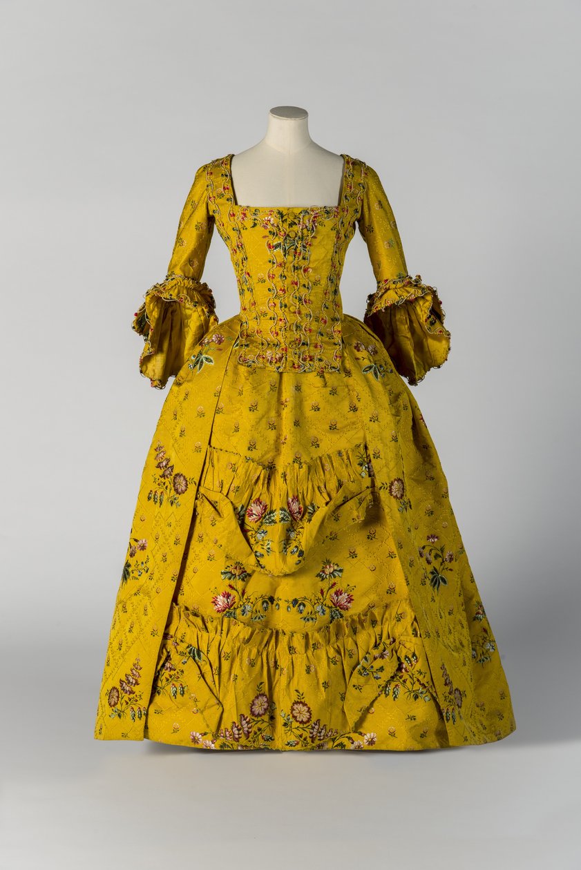 Gul brokadet åben kjortel og underkjole, ca. 1750 (silke) af English School