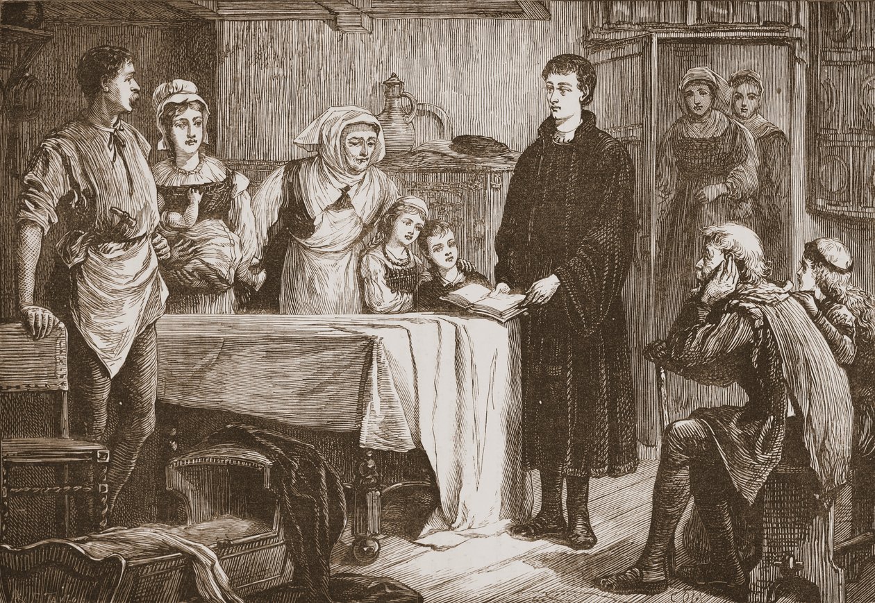 Unge Calvin udlægger Bibelen for en familie i Bourges, illustration fra The History of Protestantism af James Aitken Wylie (1808-1890), pub. 1878 af English School