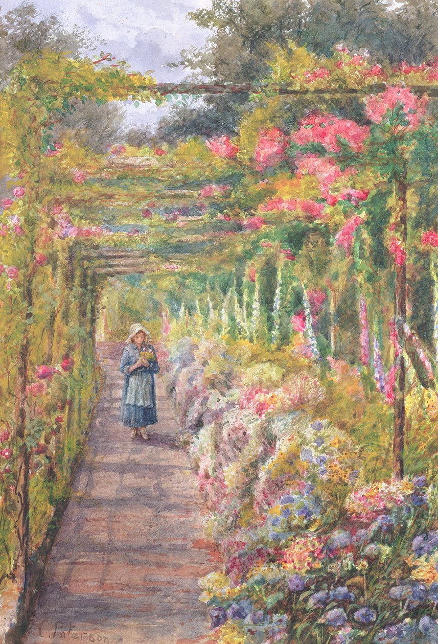 Ung pige går under en rosenpergola (wc på papir) af English School