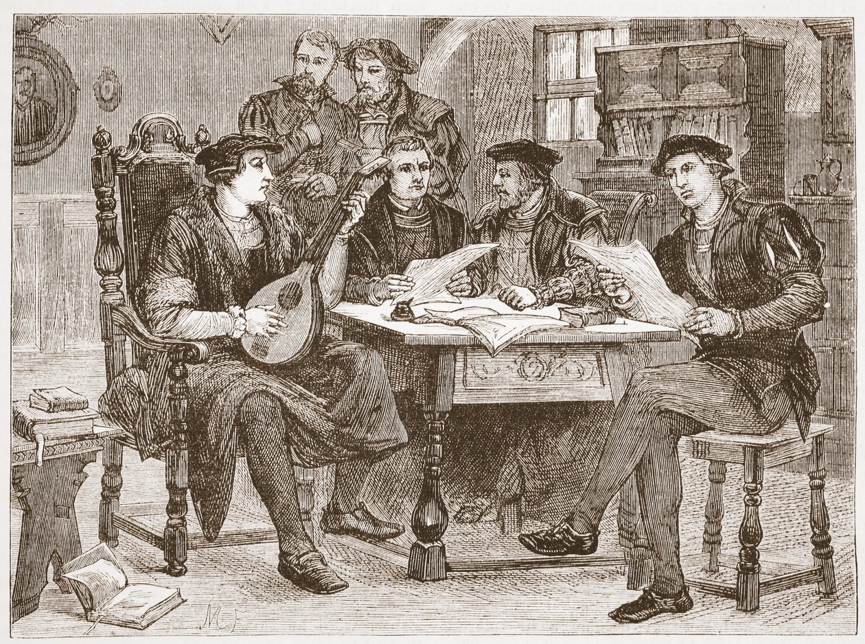 Zwingle blandt hans venner, illustration fra The History of Protestantism af James Aitken Wylie (1808-1890), pub. 1878 af English School