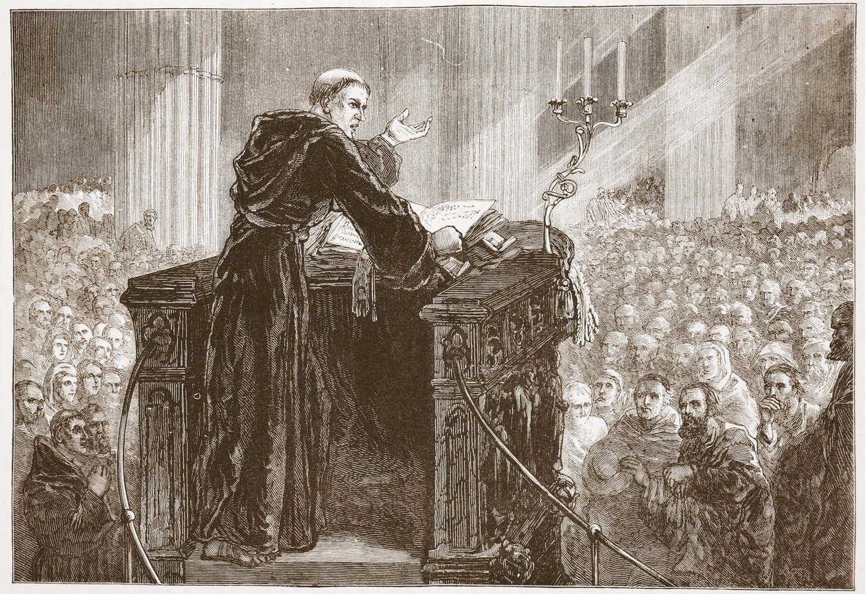 Zwingle prædiker i Zürich Cathedral, illustration fra The History of Protestantism af James Aitken Wylie (1808-1890), pub. 1878 af English School
