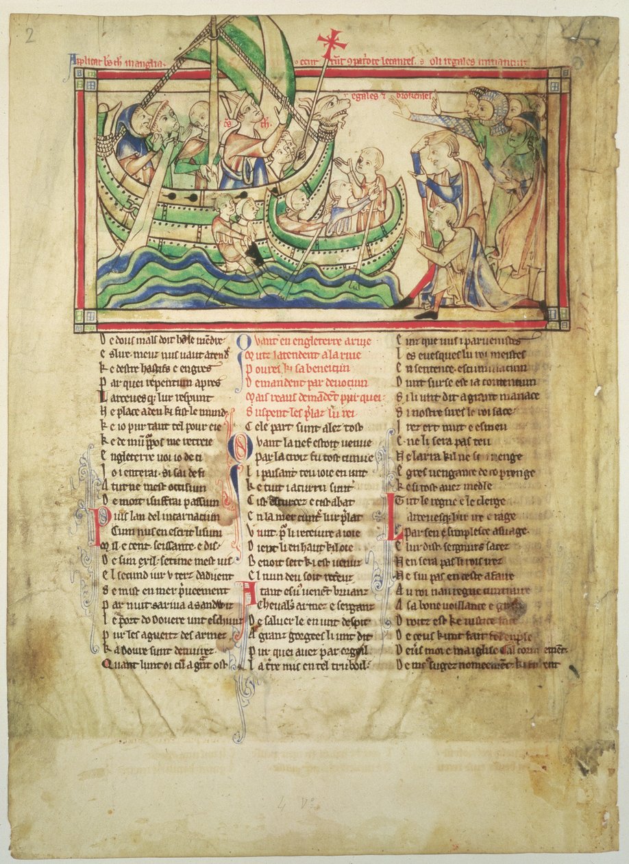 f.4v Thomas a Becket lander ved Sandwich og velsigner vandet, fra Becket Leaves, c.1220-40 af English School