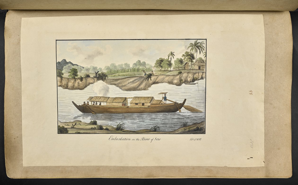 f.77 (plade 88) En båd på floden Solo (Surakarta, Central Java). 4. februar 1817. På forsiden er indskrevet med blæk: »Ombordstigning på Solo-floden. 4. februar 1812.’ (akvarel på papir) af English School