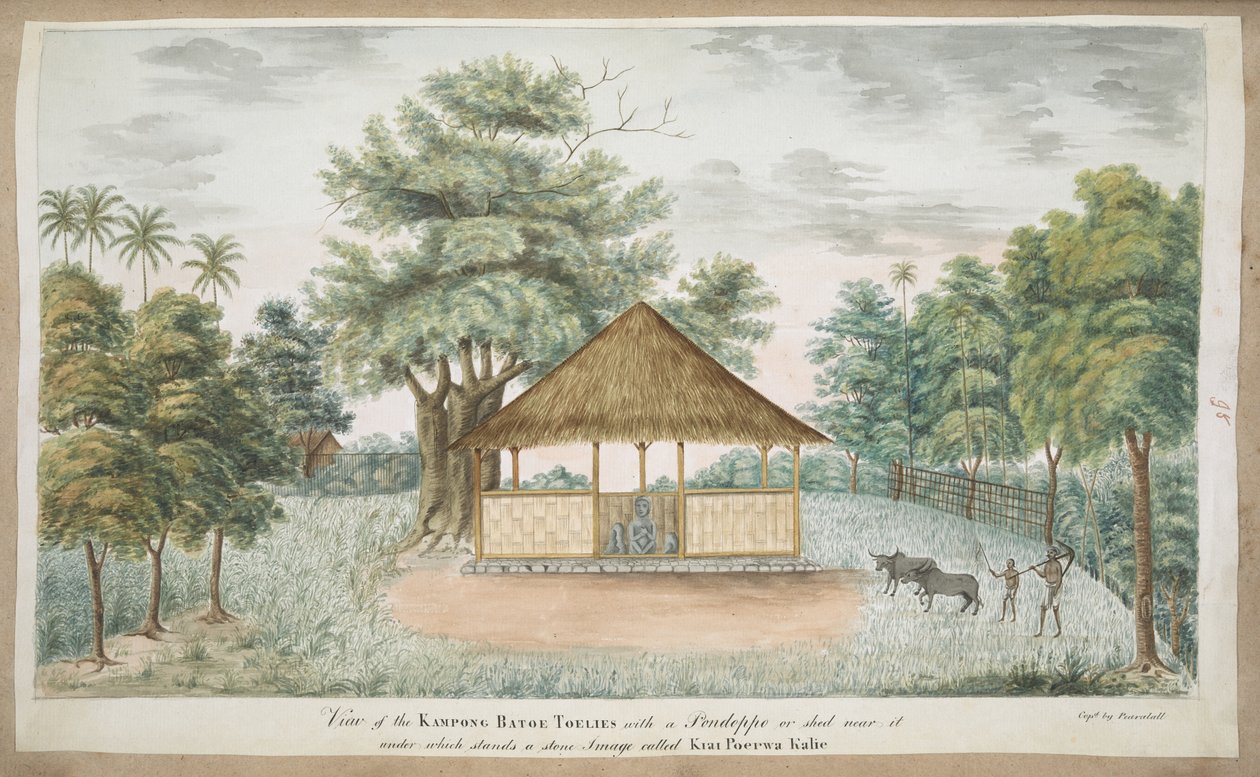 f.84 (95) Statuen af Kiay Poerwakali i et stråtækt skur uden for landsbyen Batu Tulis (W. Java). Indskrevet på forsiden med blæk: Udsigt over Kampong Batoe Toelies med en Pondoppo eller skur i nærheden, hvorunder der står et stenbillede kaldet Kiai Poerwa  af English School