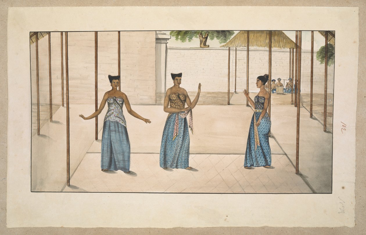 f.91 (102) Tre serimpi hofdansere og gamelan orkester, sandsynligvis ved Solo eller Jogja 1811-13 (blyant og akvarel på papir) af English School