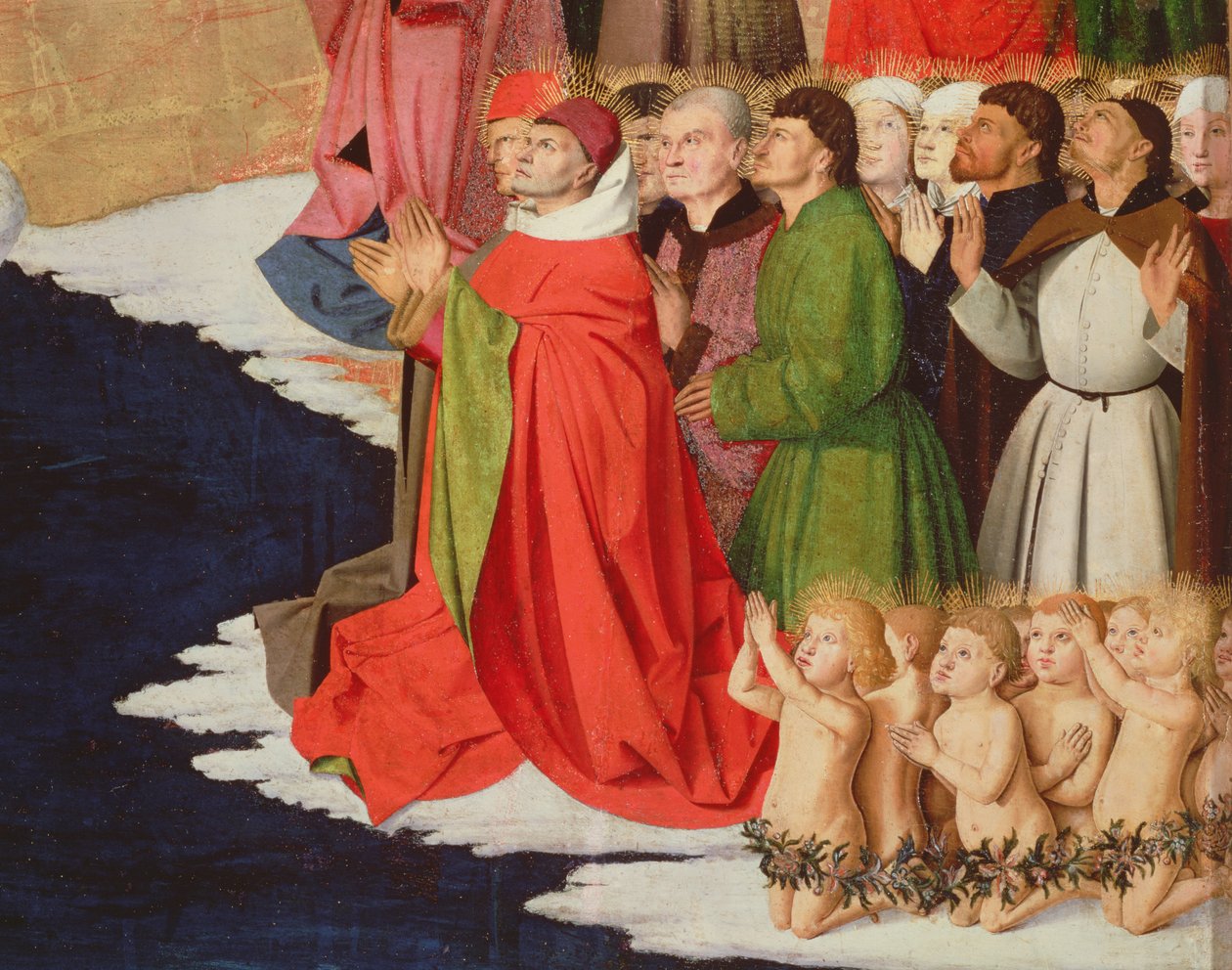 Præster og børn, detalje fra Jomfruens kroning, 1453-54 af Enguerrand Quarton