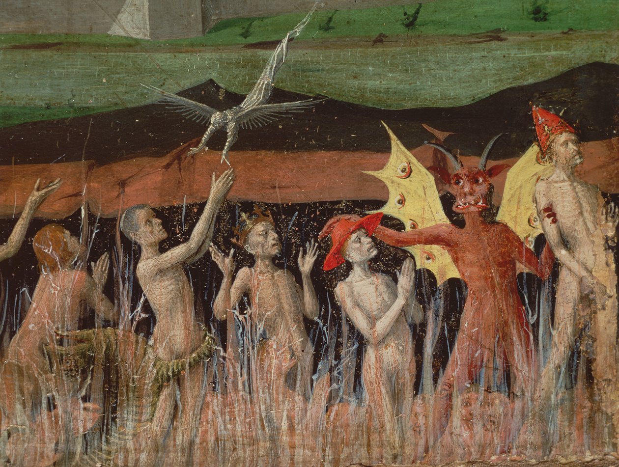 De dødes opstandelse, dæmon, detalje fra Jomfruens kroning, 1453-54 af Enguerrand Quarton