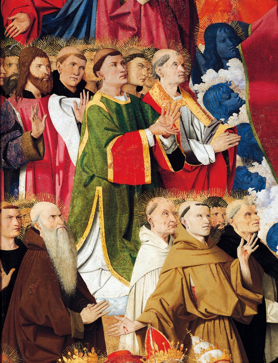 Religiøse ordener og præster, detalje fra Coronation of Virgin Altertavle af Enguerrand Quarton (ca. 1410-1466), tempera på panel af Enguerrand Quarton