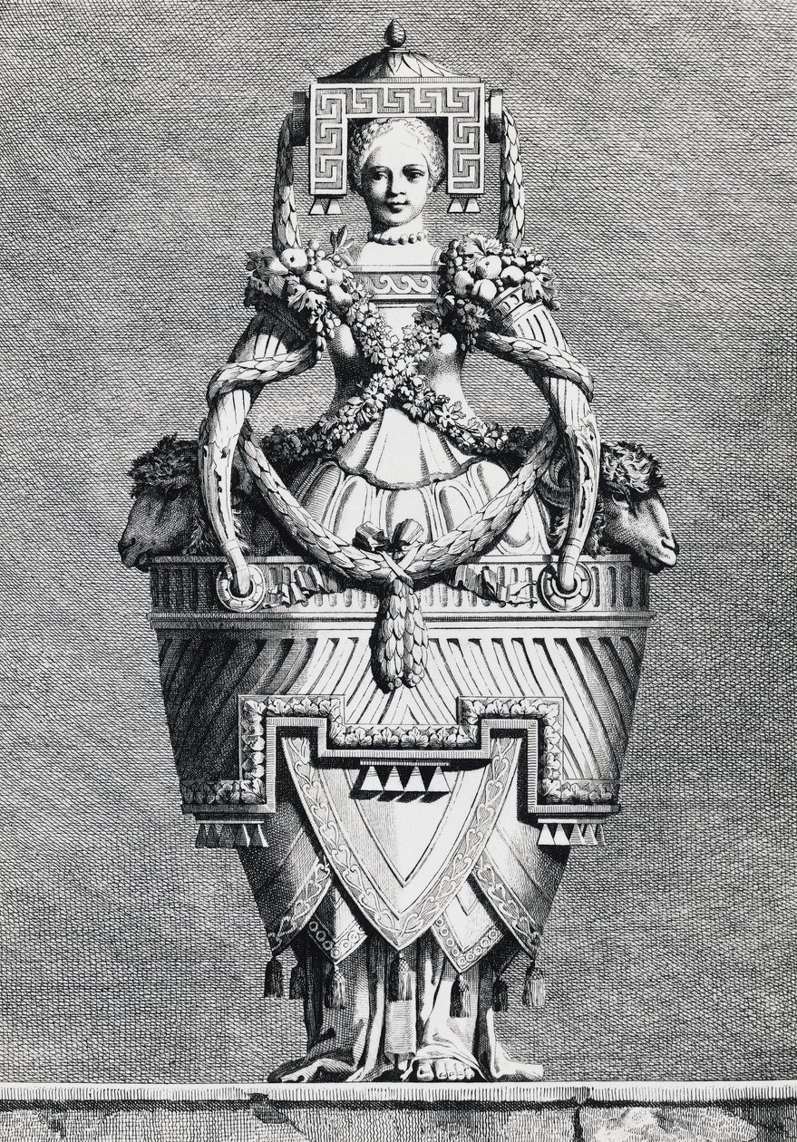 Antropomorf vase, græsk brud, gravering af Ennemond-Alexandre Petitot (1727-1801) fra Masquerade la Grecque, Suite des Vases and Cheminees, Parma af Ennemond Alexandre (after) Petitot