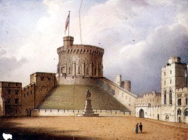 Worcester-plade, der forestiller Rundetårn, Windsor Castle, en af et par, ca. 1830-40 (porcelæn) (for par, se 72834) af Enoch Doe
