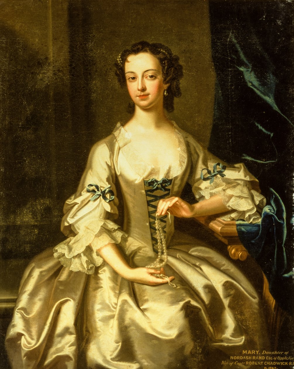 Portræt af Mary Rand ved et draperet gardin (olie på lærred) af Enoch Seeman