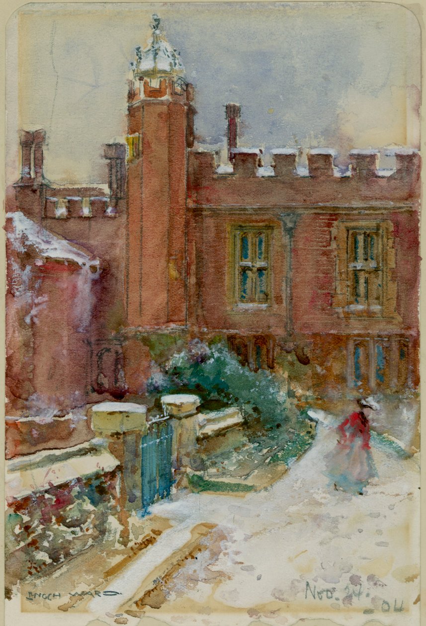 En figur i sneen ved Hampton Court Palace, 24. november 1904 (akvarel på papir) af Enoch Ward