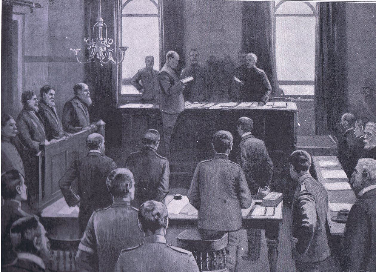 En retssag for forræderi i Bloemfontein, fra After Pretoria: The Guerilla War udgivet af Harmsworth Bros Limited, 1901 af Enoch Ward