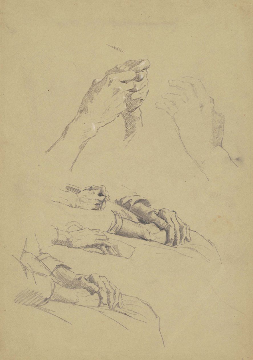 Seks studier af hænder, ca.1870-90 (grafit og kridt på solbrunt papir) af Enoch Wood Perry