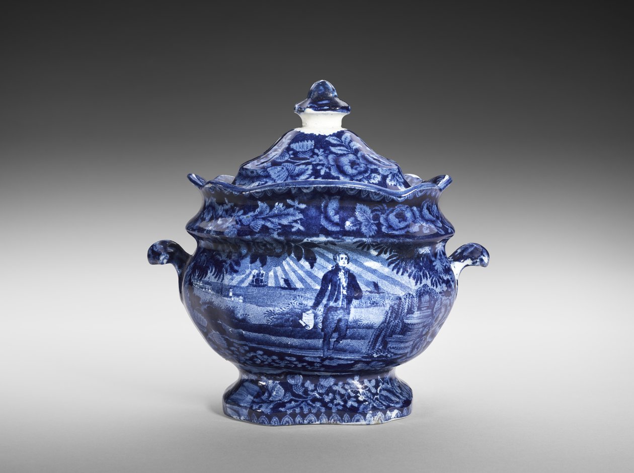 Sukkerskål, ca. 1818-46 (blyglaseret lertøj med transfertryk) af Enoch Wood and Sons