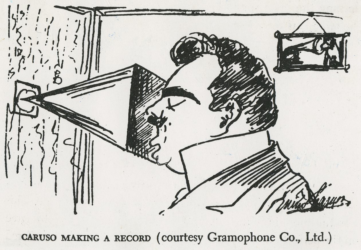 Caruso laver sin første grammofonoptagelse, 1902 (tegning) af Enrico Caruso