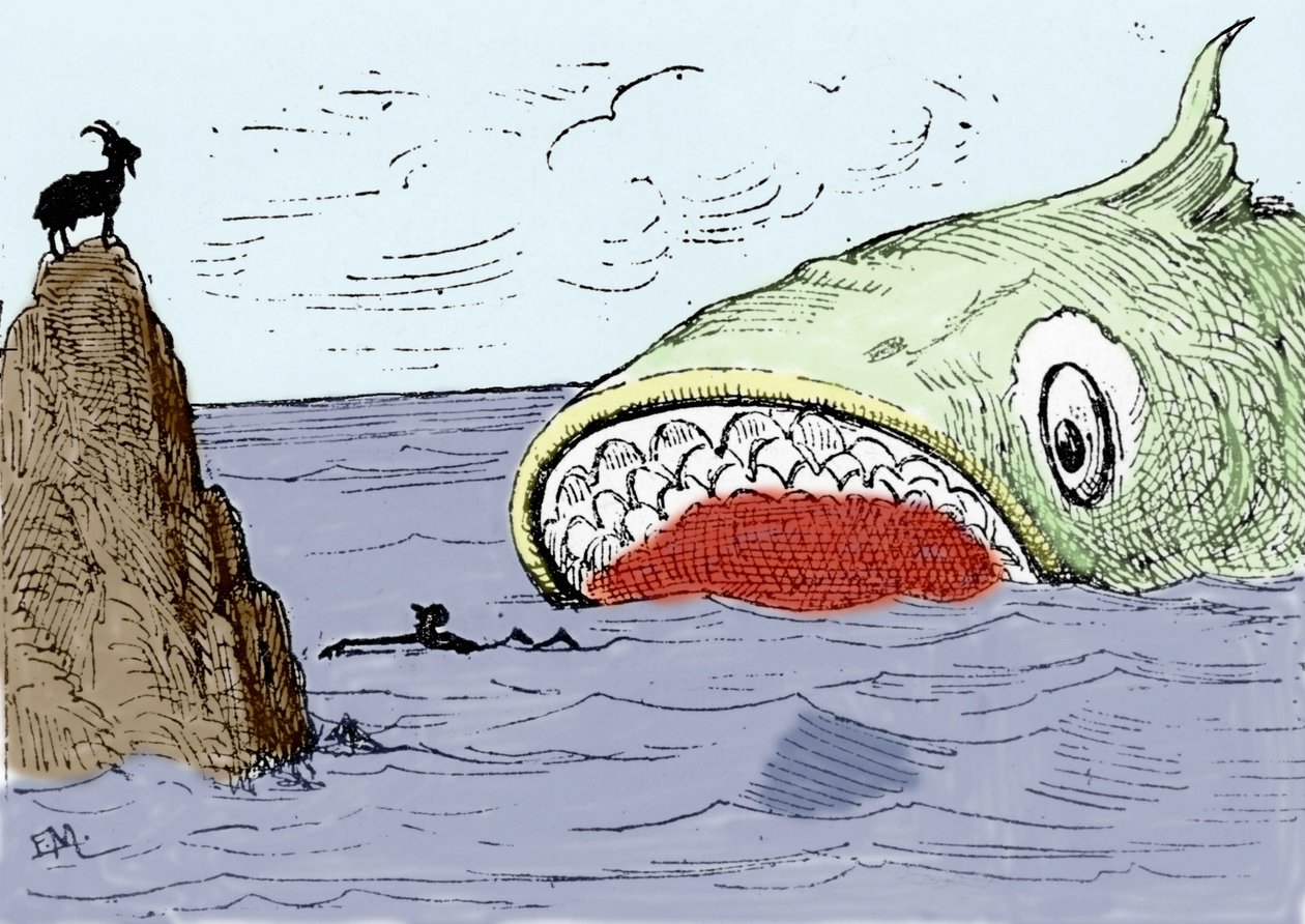 Illustration af fortællingen "Pinocchio" af Carlo Collodi. En kæmpe fisk blev pågrebet for at spise Pinocchio. Illustration af Enrico Mazzanti (1852-1910) til udgaven af 1883. af Enrico Mazzanti