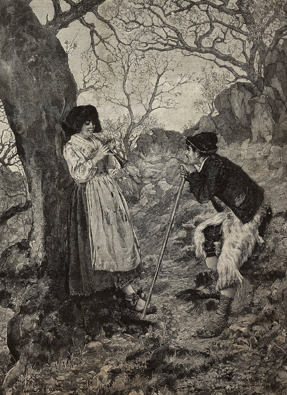 Idyll, hyrde lytter til ung kvinde, der spiller fløjte, gravering af G Sabattini fra akvarel af Enrico Nardi, fra L