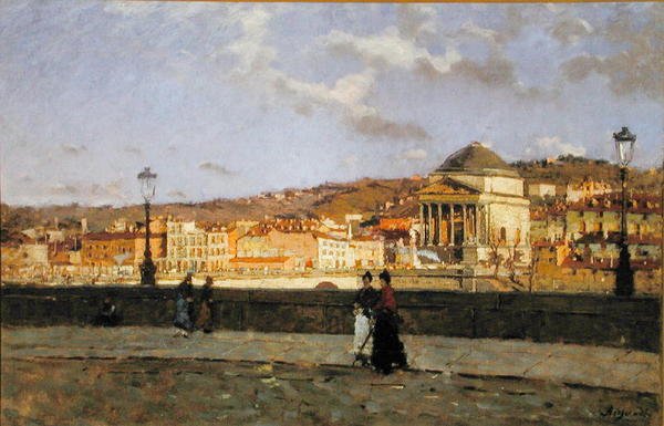 Kajen langs Po-floden og kirken Grande Madre di Dio, Torino, 1882 af Enrico Reycend