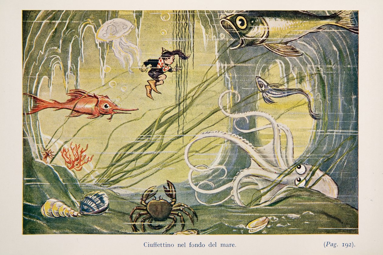Ciuffettino på havbunden, illustration fra The Adventures of Ciuffettino af Enrico de Conti Novelli