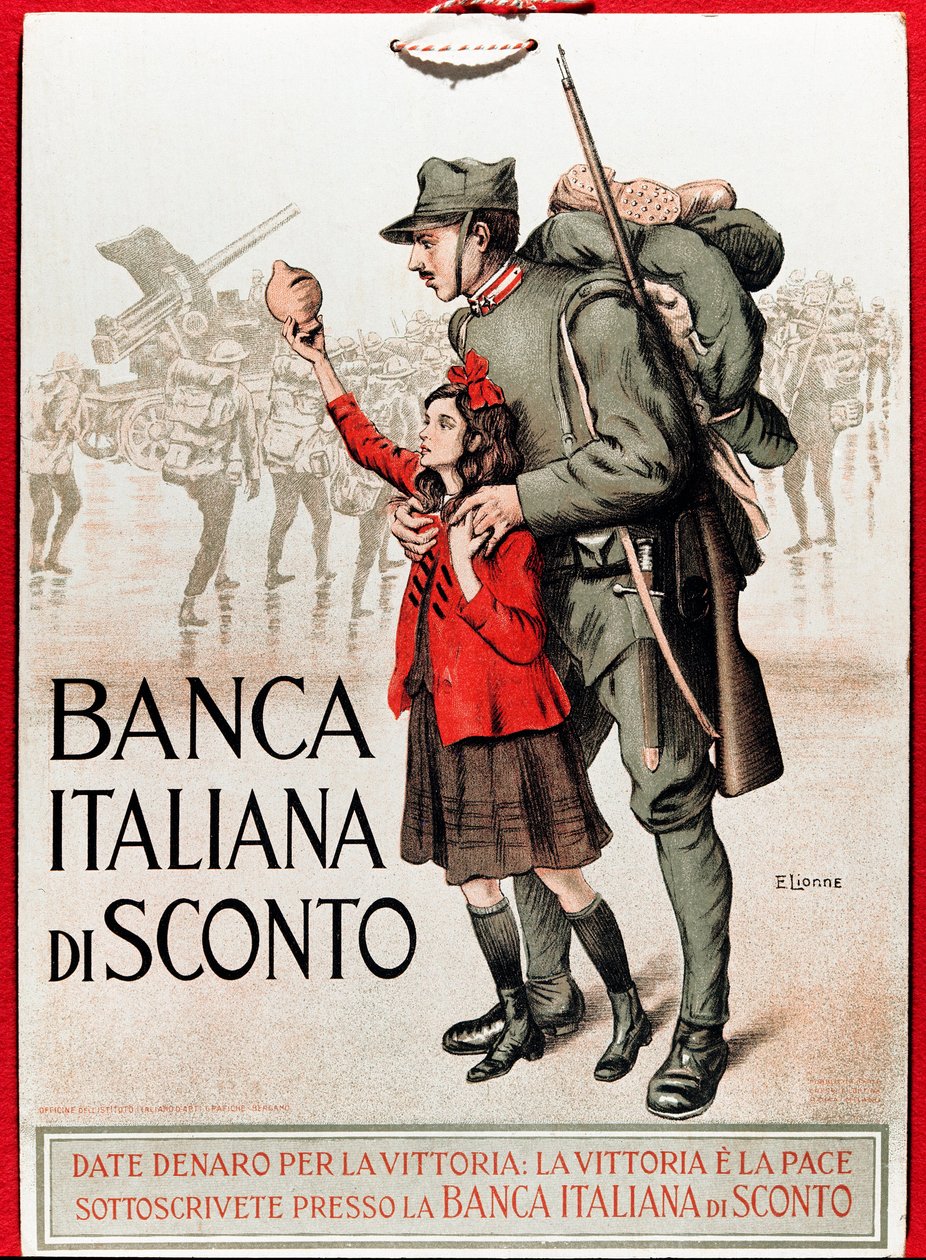 Første Verdenskrig: Italiensk plakat, der opmuntrer til et nationalt lån, der repræsenterer en soldat med en lille pige, der tilbyder sin lire - Illustration af Enrico della Leonessa (Løvvinde) (1875-1921) af Enrico della Lionne
