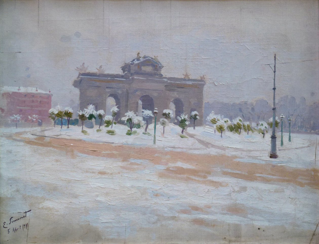Puerta de Alcala nevada Sne dækket Puerta de Alcala af Enrique Simonet