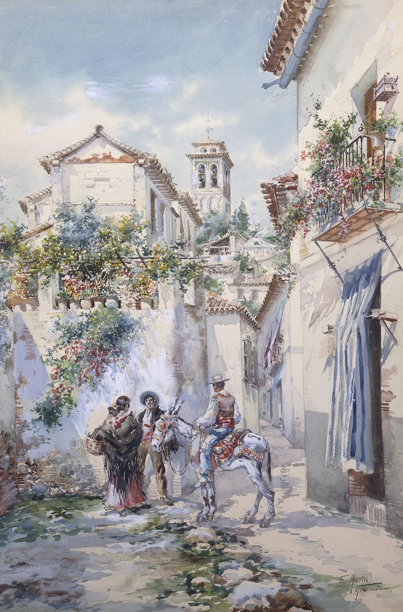 Courtyards, Granada (blyant og akvarel på papir) af Enrique Marin Higuero