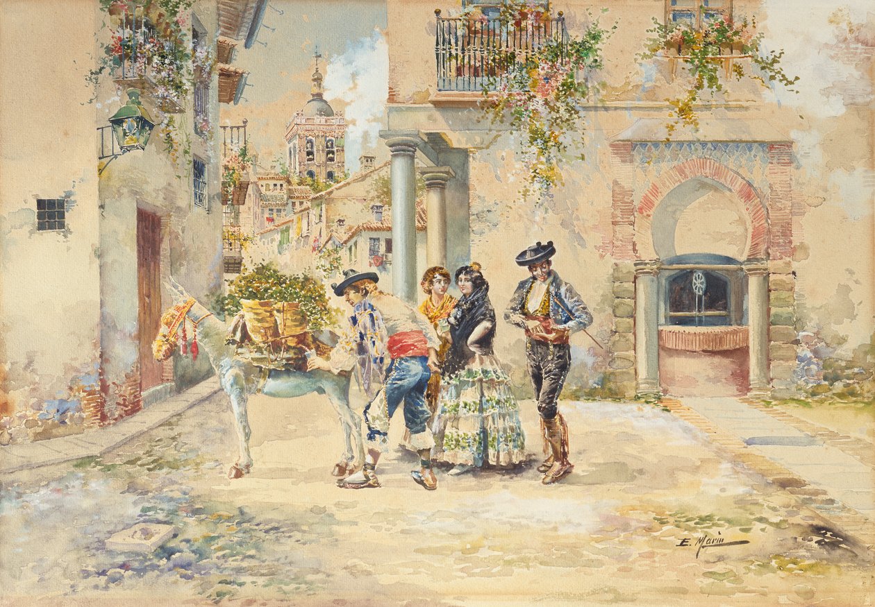 The Street Seller (blyant og akvarel) af Enrique Marin Higuero