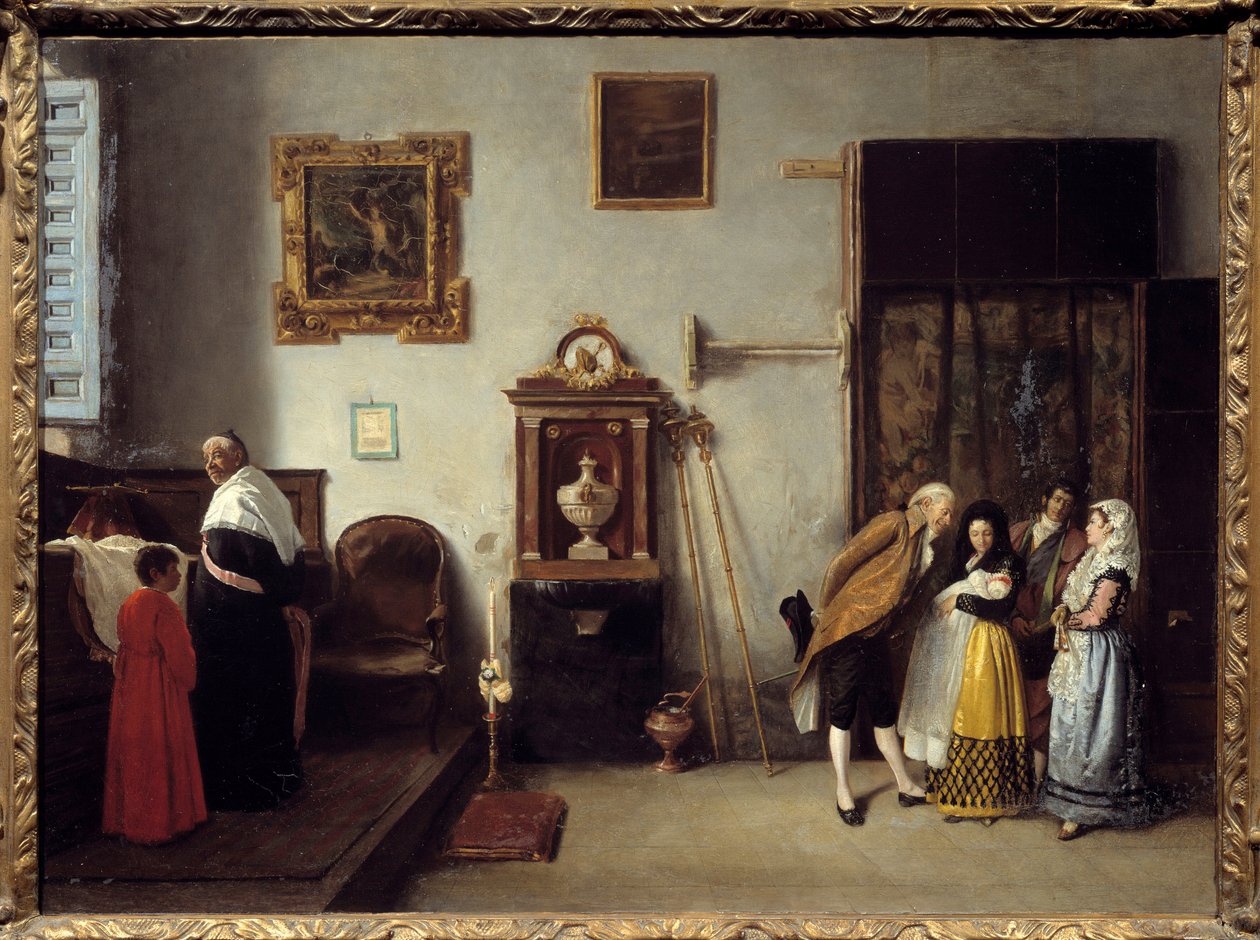 En messe af relevailles i Spanien Præsten kommer for at give velsignelsen til den nyfødte og til moderen, der forlader fødslen. Maleri af Don Enrique Melida y Alinari (1834-1892) 1872 søn. 0,52x0,73 m Bayonne, Musee Bonnat af Enrique Melida