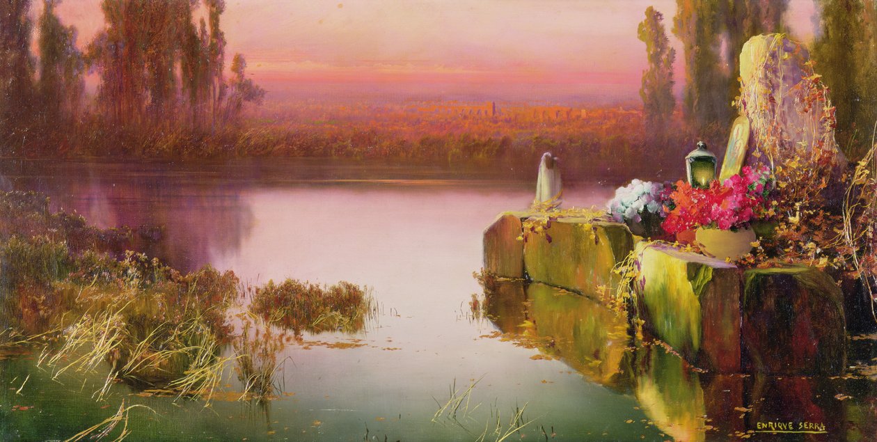 Oversvømmede ruiner ved solnedgang, ca. 1898 (olie på lærred) af Enrique Serra