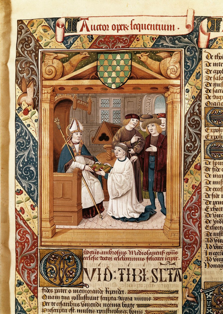 Sankt Ambrosius (339-397), ærkebiskop af Milano, præsenterer sine værker for en slægtning fra "Sankt Ambrosius