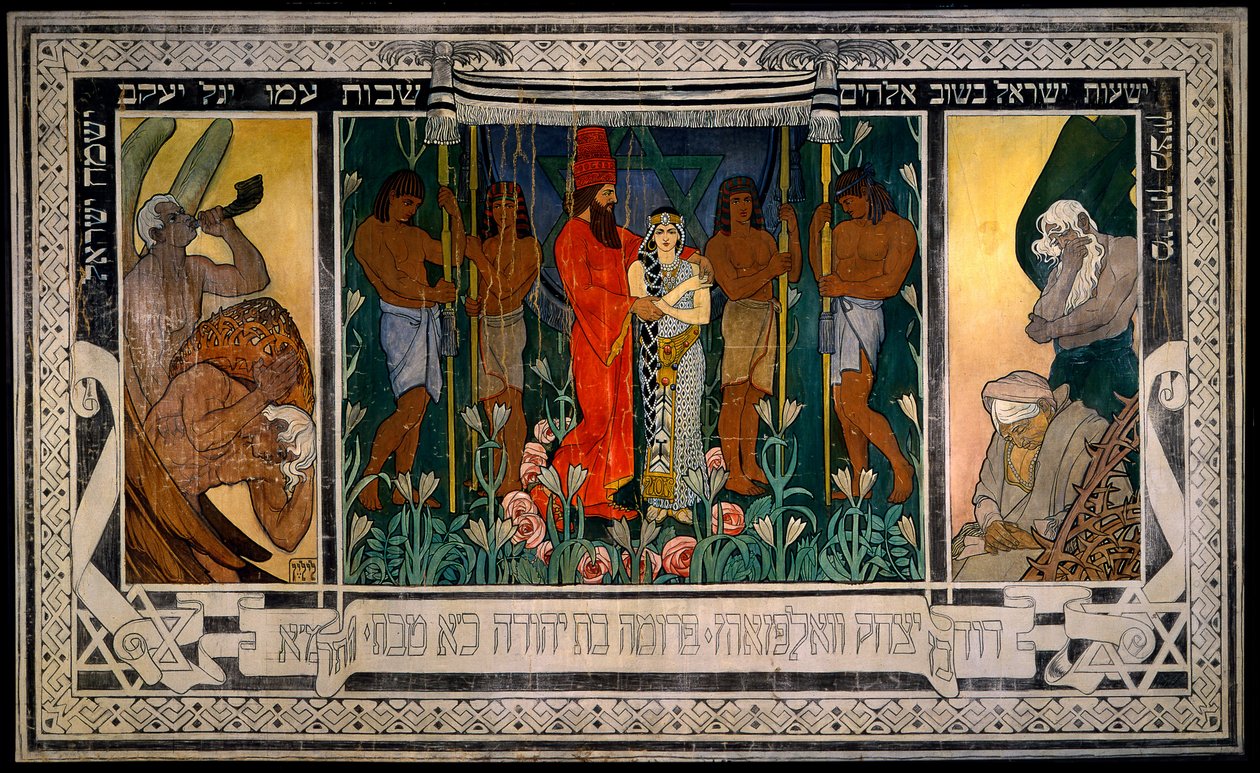 Et allegorisk bryllup- skitse til et tæppe dedikeret til hr. Og fru David Wolffsohn Triptykon (fra ... af Ephraim Moses Lilien