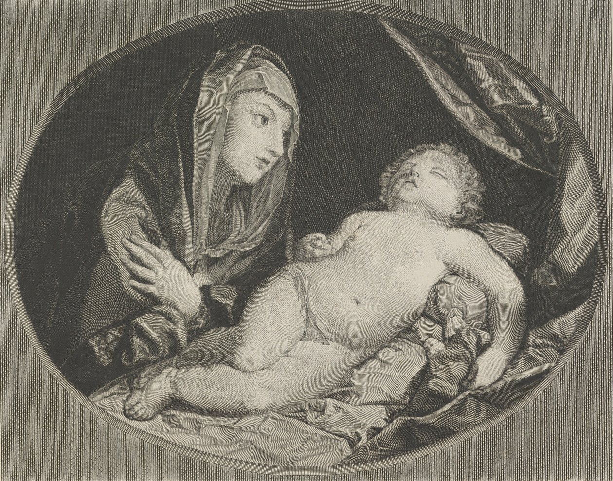 Jomfruen med armene over kors over brystet og ser på det sovende spædbarn Kristus, i..., 1770-1834. af Ephraim Gottlieb Krüger