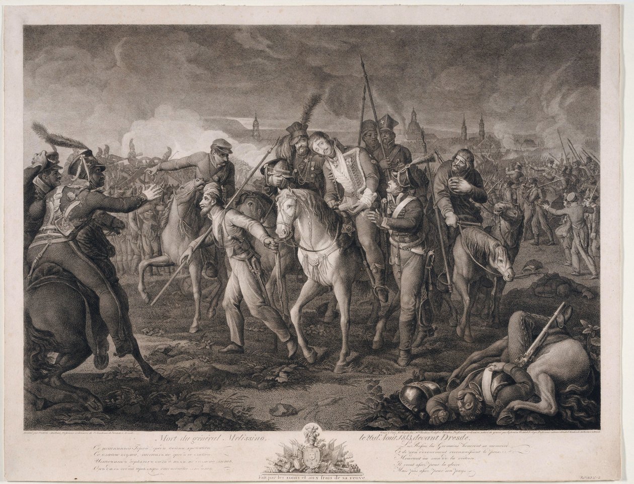 Mort du General Alexis Melissin (1759-1813) a Dresde, en 1813 - General Aleksey Melissinos død den 26. august 1813 - Krueger, Ephraim Gottlieb (1756-1834) - 1813 - Radering - 68,4x88,8 - Privat samling af Ephraim Gottlieb Krüger