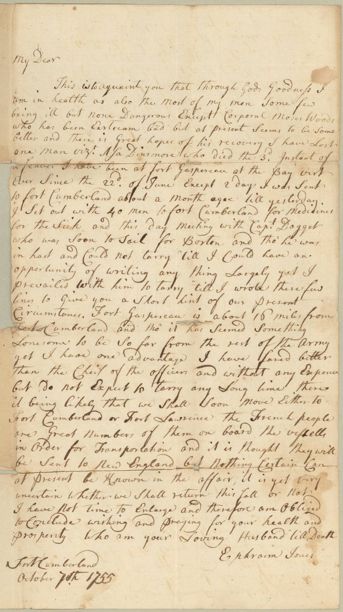 Brev til Allice Jones, Concord, Massachusetts, 7. oktober 1755 (pen og blæk på papir) af Ephraim Jones