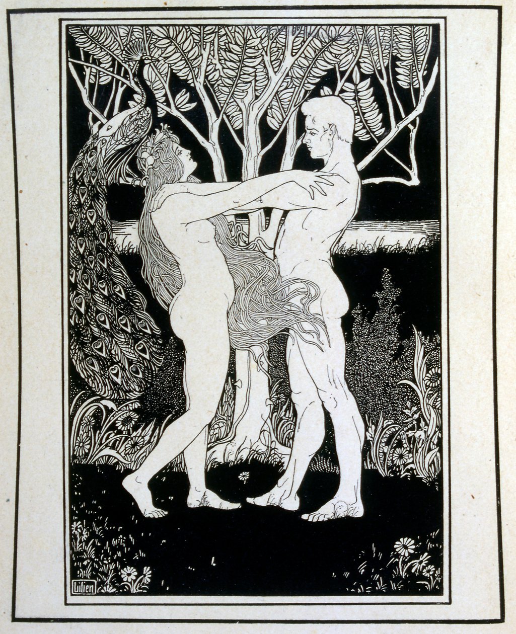 Adam og Eva (uskyld), fra bogen Juda illustreret af Ephraim Moses Lilien (1874-1925). Lilian betragtes som faderen til den zionistiske ikonografi, skabt i Jugendstil (tysk art nouveau) stil. Han illustrerede 