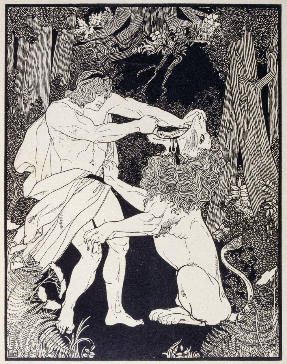 Tegning af Samson, der kæmper mod en løve (kobberstik) af Ephraim Moses Lilien