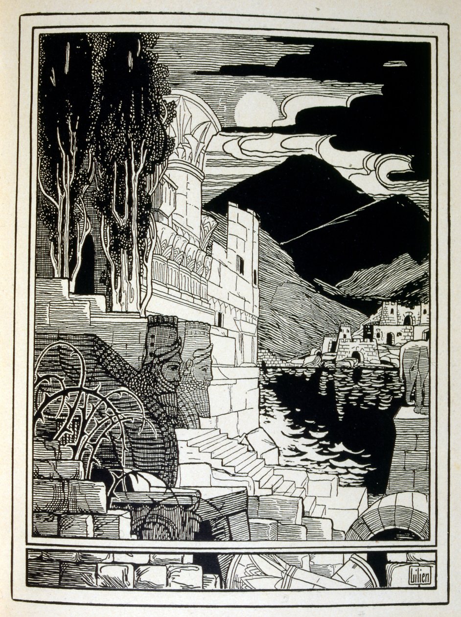 Ruinerne af Sodoma, fra bogen Juda illustreret af Ephraim Moses Lilien (1874-1925). Lilian betragtes som faderen til den zionistiske ikonografi, skabt i Jugendstil (tysk art nouveau) stil. Han illustrerede 